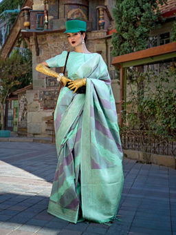 Odette - Green Silk Blend Woven Saree with Unstitched Blouse