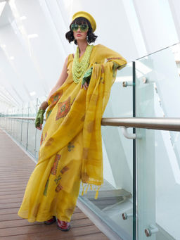 Odette - Yellow Tissue Printed Saree with Unstitched Blouse