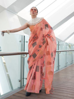 Odette - Peach Tissue Printed Saree with Unstitched Blouse