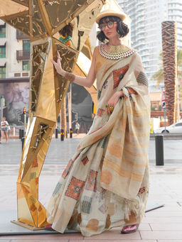 Odette - Beige Tissue Printed Saree with Unstitched Blouse
