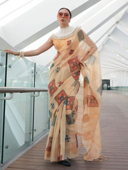 Odette - Cream Tissue Printed Saree with Unstitched Blouse
