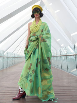 Odette - Green Tissue Printed Saree with Unstitched Blouse