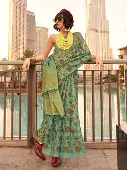 Odette - Green Tissue Printed Saree with Unstitched Blouse