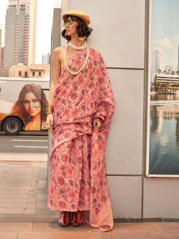 Odette - Pink Tissue Printed Saree with Unstitched Blouse