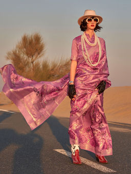 Odette - Pink Silk Blend Printed Saree with Unstitched Blouse