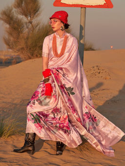 Odette - Light Pink Silk Blend Printed Saree with Unstitched Blouse