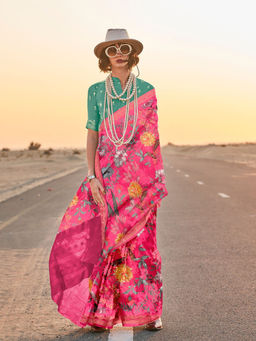 Odette - Pink Silk Blend Printed Saree with Unstitched Blouse