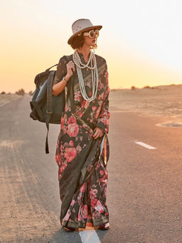 Odette - Black Silk Blend Printed Saree with Unstitched Blouse