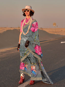 Odette - Grey Silk Blend Printed Saree with Unstitched Blouse