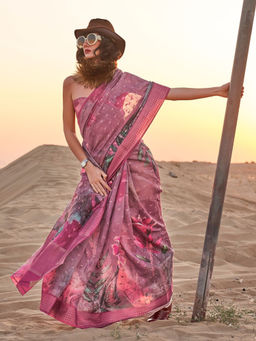 Odette - Pink Linen Printed Saree with Unstitched Blouse