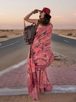 Odette - Pink Linen Printed Saree with Unstitched Blouse