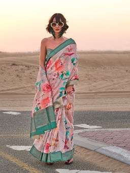 Odette - Beige Linen Printed Saree with Unstitched Blouse