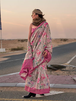 Odette - Grey Linen Printed Saree with Unstitched Blouse