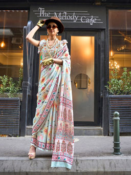 Odette - Light Green Georgette Printed Saree with Unstitched Blouse