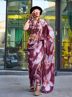 Odette - Wine Georgette Printed Saree with Unstitched Blouse