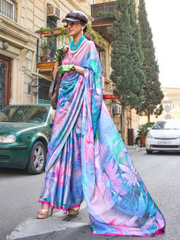 Odette - Blue Georgette Printed Saree with Unstitched Blouse