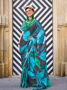 Odette - Black Georgette Printed Saree with Unstitched Blouse