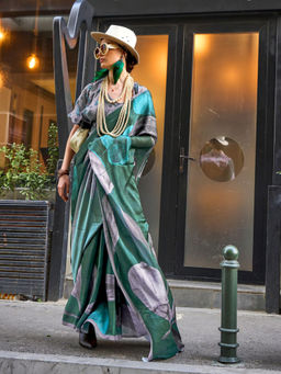 Odette - Dark Green Georgette Printed Saree with Unstitched Blouse