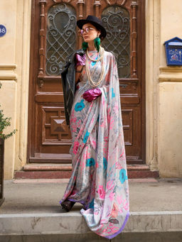 Odette - Grey Georgette Printed Saree with Unstitched Blouse