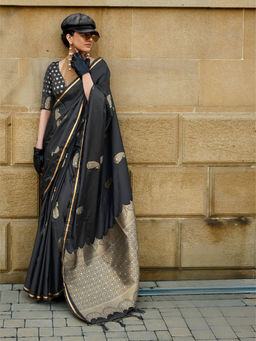 Odette - Black Satin Woven Saree with Unstitched Blouse