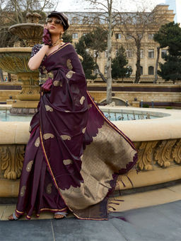 Odette - Wine Satin Woven Saree with Unstitched Blouse