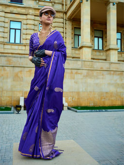 Odette - Royal Blue Satin Woven Saree with Unstitched Blouse