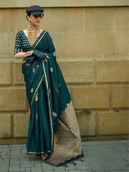 Odette - Dark Green Satin Woven Saree with Unstitched Blouse