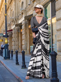 Odette - Black Satin Printed Saree with Unstitched Blouse