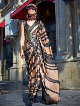 Odette - Black Satin Printed Saree with Unstitched Blouse