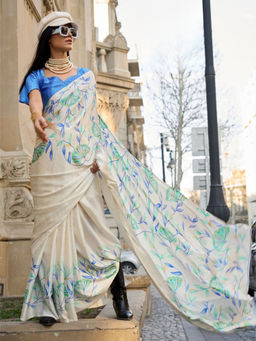 Odette - Cream Satin Printed Saree with Unstitched Blouse