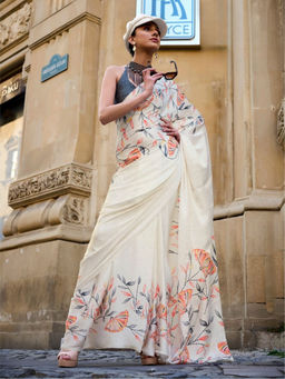 Odette - Cream Satin Printed Saree with Unstitched Blouse