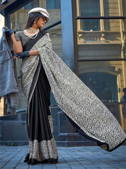 Odette - Black Satin Printed Saree with Unstitched Blouse