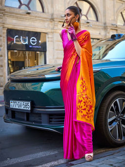 Odette - Pink Satin Printed Saree with Unstitched Blouse