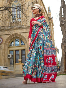 Odette - Grey Satin Printed Saree with Unstitched Blouse