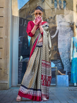 Odette - Olive Satin Printed Saree with Unstitched Blouse