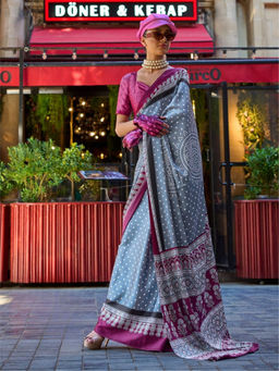 Odette - Grey Satin Printed Saree with Unstitched Blouse
