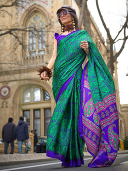 Odette - Green Satin Printed Saree with Unstitched Blouse