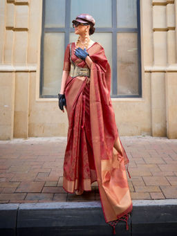 Odette - Red Organza Woven Saree with Unstitched Blouse