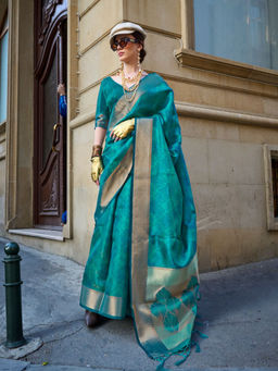 Odette - Teal Organza Woven Saree with Unstitched Blouse