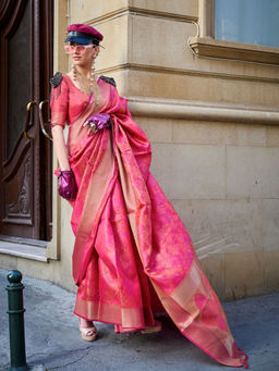 Odette - Pink Organza Woven Saree with Unstitched Blouse