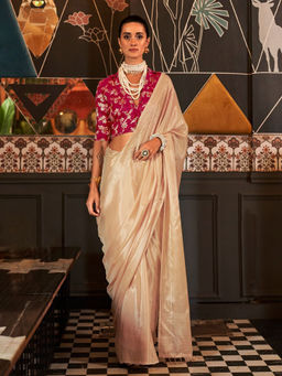 Odette - Beige Viscose Woven Saree with Unstitched Blouse