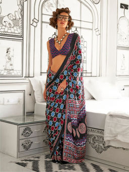 Odette - Black Satin Printed Saree with Unstitched Blouse