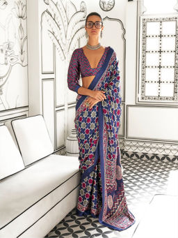 Odette - Navy Blue Satin Printed Saree with Unstitched Blouse