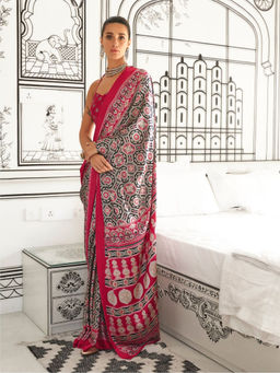 Odette - Red Satin Printed Saree with Unstitched Blouse