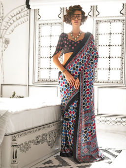Odette - Multi-Color Satin Printed Saree with Unstitched Blouse