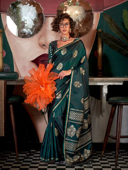 Odette - Dark Green Satin Woven Saree with Unstitched Blouse