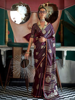 Odette - Wine Satin Woven Saree with Unstitched Blouse