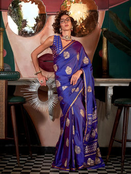 Odette - Royal Blue Satin Woven Saree with Unstitched Blouse