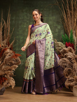 Silk Land - Green Kanjivaram Floral Tassels Saree with Unstitched Blouse