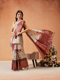 Silk Land - Cream Kanjivaram Floral Tassels Saree with Unstitched Blouse
